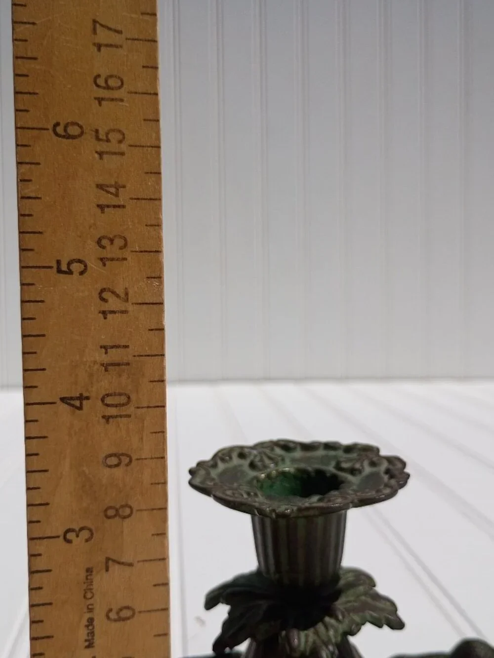 Vintage Cast Brass Taper Candle Holder Floral Leaf Verdigris Green Bronze Dish